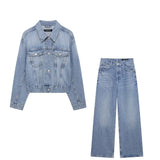 Drill Pocket Loose Single-Row Buckle Short Denim Jacket Casual Trousers Set 2025 Spring Women's