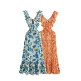Fashion Women Flower Print Wood ears Strap Backless Tank Long Dress Women Hollow Out Lacing up Bow Back Swing Party Robe-Outfit