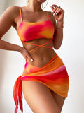 Toloer Tie-Dyed Bikini Swimsuit Female Three-Piece Mesh Skirt Split Bikini