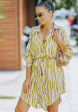 Turn-down Collar Full Sleeves Striped Print Belted Mini Loose Casual