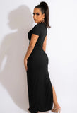 Short Sleeves Ruched Strings Slit Long Party