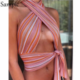 Casual Women Bandage Striped Summer Sexy Club Mini Halter Vest Crop Tops Backless Beach V Neck Skinny Tank Tops T