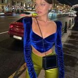 Velvet Square Collar Womens Tops and Blouses Fashion Blue Shirts Blouse Cropped Top Elegant Club