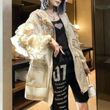 Clothing Sequined Pockets Shirt Casual Hooded Spring Summer Zipper Ruffles Spliced Korean Shirring Drawstring Midi