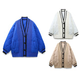 And Winter New Tricolor Knitted Spliced V-Collar Loose Version Cotton Jacket-Outfit