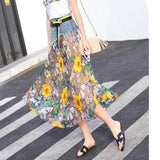 Casual Denim Patchwork Chiffon Skirt 2023 Summer New Office Lady Commute All-match Printed A-Line High Waist Midi