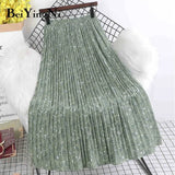 Summer Chiffon Beach Boho Maxi Women Skirt High Waist Floral Print Vintage Holiday Ruched Long Fashion Skirts