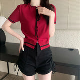 Fragrant Neckline With Black Thin Knitted Short-Sleeved T-Shirt For Women 2025 New Summer Short Ice Silk