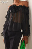 Solid Sheer Blouses For Women Halter Off Shoulder Long Sleeve Spliced Floral Loose Ruffles Shirts Female Spring 2023