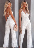 White Elegant V-neck Sleeveless Solid Lace Backless Full Length Regular Straps