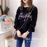 Clothing Casual 3D Letter Sweatshirts Fashion Pearl Beading Spring Autumn Korean Loose O-Neck Lace Patchwork