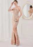 Sequin One Shoulder Slit Long Evening