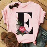 Letter Alphabet A-Z Women T-Shirts Fashion Breathable Flowers Short Sleeve Casual Tops Couple Basic Tee Crew Neck Clothes