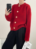 Autumn And Winter New Design Feeling Single-Breasted Solid Color Knitted Sweater Sweater Cardigan Lazy Loose Round Neck Blouse-Outfit