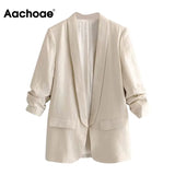 Women Office Wear Blazer Coat 2021 Notched Collar Casual Pockets Suit Blazers Solid Pleated Sleeve Chic Outwear