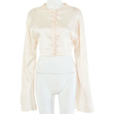Graduation party gift New Summer White Dress Casual Satin Two-piece Set Ladies O-neck Button Top Bandage Pencil Skirt Costume Fashion Party