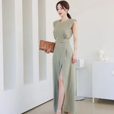 Han Queen Elegant Summe Business Jumpsuits Women O-Neck Split Wide Leg Trousers Long Playsuits Casual Work Wear Rompers-Outfit