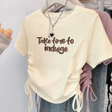 Women's Round Neck Drawstring Bandage Printing Pullover Letter Summer Short Sleeve Graphic T-shirt Casual Clothes Sweet Tops-Outfit
