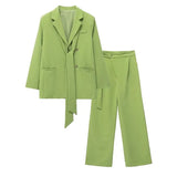 2022 New Women Blazer Fashion Bow Belt Casual Coat Loose Wide Leg Pants Female High Waist Pants Women Office Lady