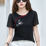 Women's Clothing Round Neck Summer Pullover Solid Color Plant&Flowers Embroidered Bow T-shirt Chinese Style All-match Tops-Outfit