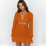 Women Knit Hollow Out V Neck Mini Dress Sexy Long Sleeve Beach Backless Autumn 2021 Party Club Casual Solid Clothing