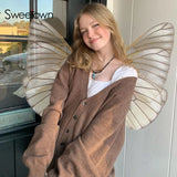 Vintage Solid Brown Oversized Knitted Cardigan Women Casual Loungewear Button Up Lantern Long Sleeve Winter