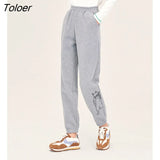 Women Fleece Sweatpants 2022 Winter Elastic Waist Straight Long Trousers Cat Print Gray Warm Casual Sport