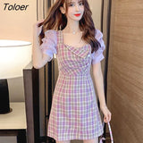 Women Purple Plaid Summer New Korean Fashion All-match Casual Mini Female College Elegant Tender Retro Breathable