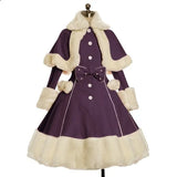 Women Lolita Autumn Coat Warm Fur Collar Bowknot Dress Jacket Fashion Sweet Princess Breasted Overcoat Halloween Costume