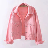 Denim Jacket Spring Autumn Short Coat Pink Jean Jackets Casual Tops White Purple Yellow Diamond Loose Outerwear