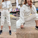 Fleece Letter Two Piece Set Casual Loose Female Tracksuits Hoodies Long Sleeve Shorts Sweatshirt And Jogging Pants