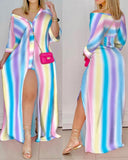Loose Striped Shirt Dress Women Fashion V-neck Long Sleeve Loose Striped Print Slit Maxi Dress for
