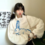Deeptown Kawaii Sweatshirt Women Autumn Winter Clothes Women Hoodies Fashion Rabbit Print Long Sleeve Plush Tops Warm