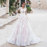 party dress gift 2022 Boho A-line Wedding Dresses Pink Long Sleeves Lace Appliques Tull Bridal Dress Wedding Gown For Women vestido de