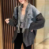 Knitted Patchwork Denim Jackets Spring Autumn New Casual Long Sleeve Female Clothing Commute Korean Pockets Button Coats-Outfit