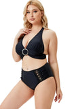 Halter Plunge Neck Solid Lace Up Plus Size Two Piece
