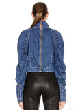Korean Zipper Denim Shirt For Women Stand Collar Puff Sleeve Solid Minimalist Casual Blouses Female Clothes Fashion New