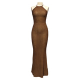 Summer New Knitted Neck Sleeveless Long Dress Solid Color Tight Sexy Bare Back Dress