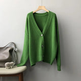 Women's V-Neck Knit Cardigan 2022 Autumn Loose Long Sleeve Green Sweater