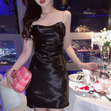 2022 Summer Women Satin Party Dress Spaghetti Strap Sexy Backless Diamond White Short Silk Mini Party