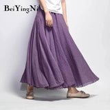 Linen Cotton Vintage Skirt Women Solid Beach Boho Pleated Maxi Skirts Summer Fashion Retro Elastic Waist Saia