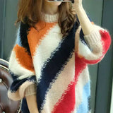 Winter Contrasting Colors Sweaters Striped Spliced Casual O-Neck Female Clothing Stylish Hollow Out Knitted Midi Jumpers-Outfit