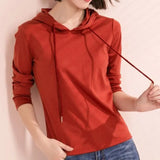 Women's Spring Autumn Solid Drawstring Bandage Hooded Long Sleeved T-shirt Undershirt Fashion Casual Loose Office Lady Tops-Outfit