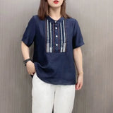 Peter Pan Collar Blouse Casual Loose Female Clothing Stylish Printed Patchwork Button 2023 Summer New Short Sleeve