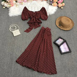 New Summer Fashion V-neck puff sleeve short Shirt Top + high waist pleated waist floral Skirt 2-piece