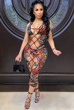 Party Sexy Multi Color Print 3 Piece Lace-Up Dress