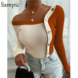 Sexy Women Buttons Patchwork White Knitted Jumper Sweaters Long Sleeve Off Shoulder Thin Skinny Autumn 2020 Basic