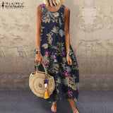 Women Cotton Linen Dress Vintage Summer Floral Printed Long Dress Sleeveless Sundress Baggy Beach Vestido