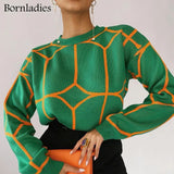 Block Y2k Green Black Sweater Women Causal O-neck Oversize Pullover Autumn Winter Knit Long Sleev Soft Jumper