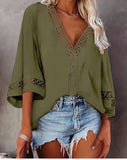 Solid Color Flare Sleeve Top For Women's New Blouse V-neck Hollowed Out Lace Patchwork Shirt Blusa Feminina